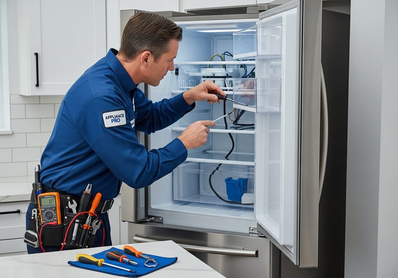Technician checking components inside an open refrigerator